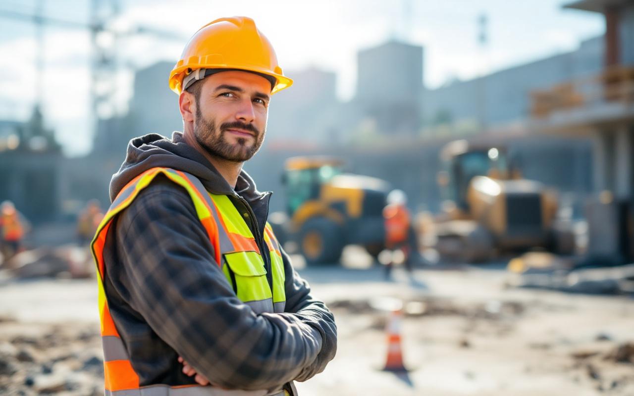 Un travailleur de la construction portant un équipement de sécurité, debout sur un chantier avec des machines en arrière-plan, sous une lumière du jour éclatante.