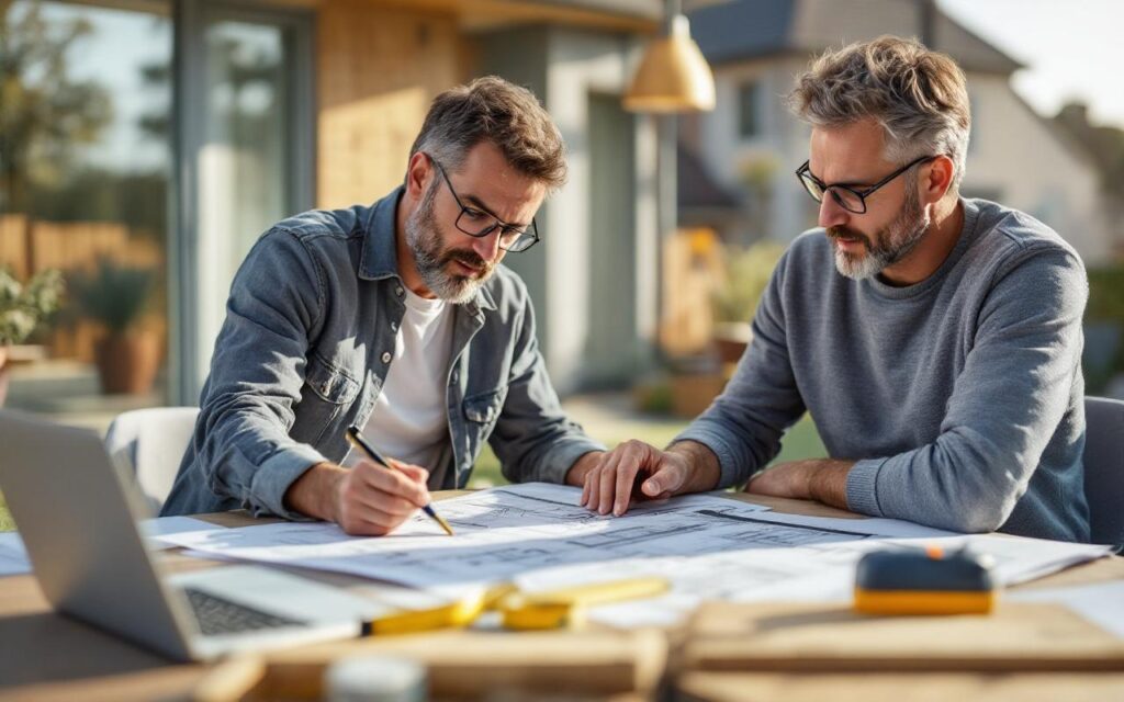 Architecte et propriétaire examinant des plans d'extension de maison sur une table extérieure, plans déroulés, tablette et mètre ruban visibles, lumière douce du matin, ambiance professionnelle et collaborative dans un quartier résidentiel.
