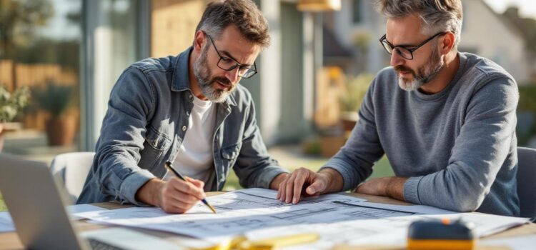 Architecte et propriétaire examinant des plans d'extension de maison sur une table extérieure, plans déroulés, tablette et mètre ruban visibles, lumière douce du matin, ambiance professionnelle et collaborative dans un quartier résidentiel.
