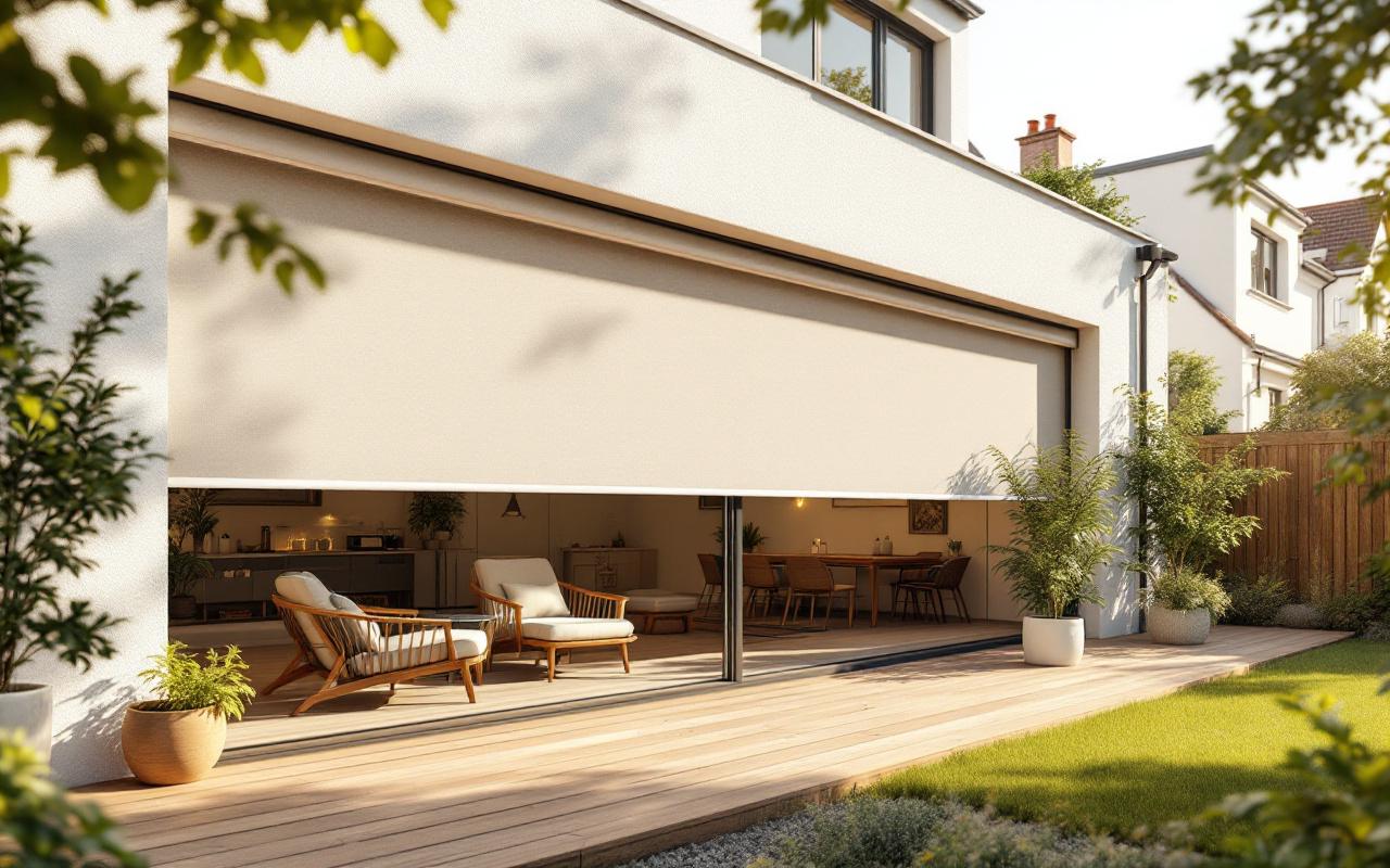 Photographie réaliste d'une extension contemporaine de maison avec grandes baies vitrées et stores extérieurs mi-baissés protégeant une terrasse ombragée. Mobilier d'extérieur confortable, pots de plantes, matériaux en bois et crépi blanc, lumière chaude d'après-midi avec rayons volumétriques doux.