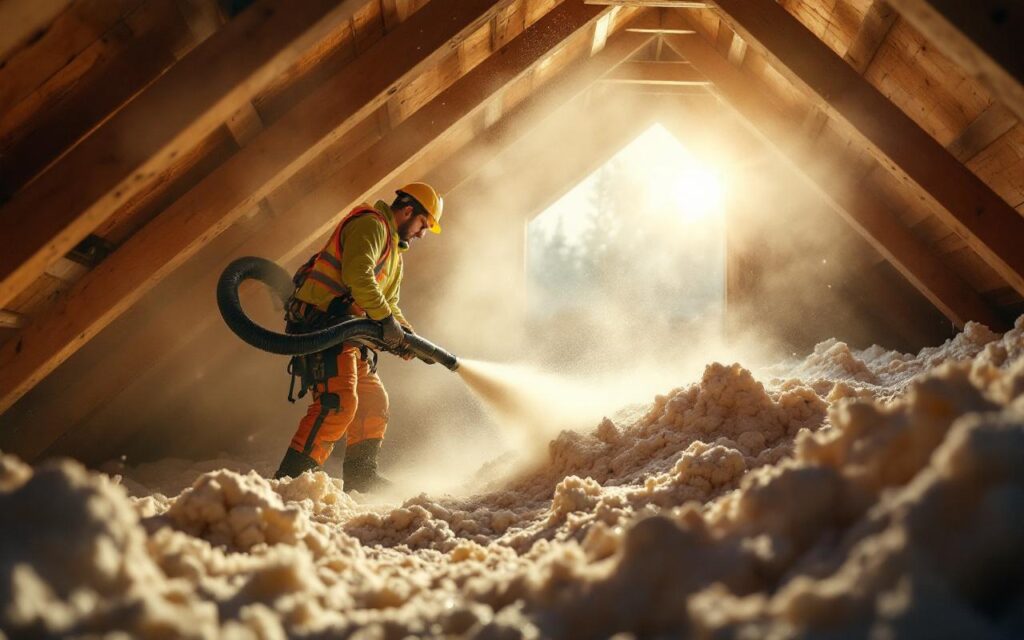 Un ouvrier en équipement de sécurité souffle de l'isolant en cellulose dans un grenier aux chevrons en bois, la lumière chaude traverse la poussière en suspension, ambiance réaliste et naturelle.