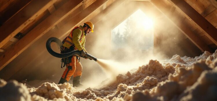 Comment isoler efficacement sa maison lors d’une rénovation globale ? Un ouvrier en équipement de sécurité souffle de l'isolant en cellulose dans un grenier aux chevrons en bois, la lumière chaude traverse la poussière en suspension, ambiance réaliste et naturelle.