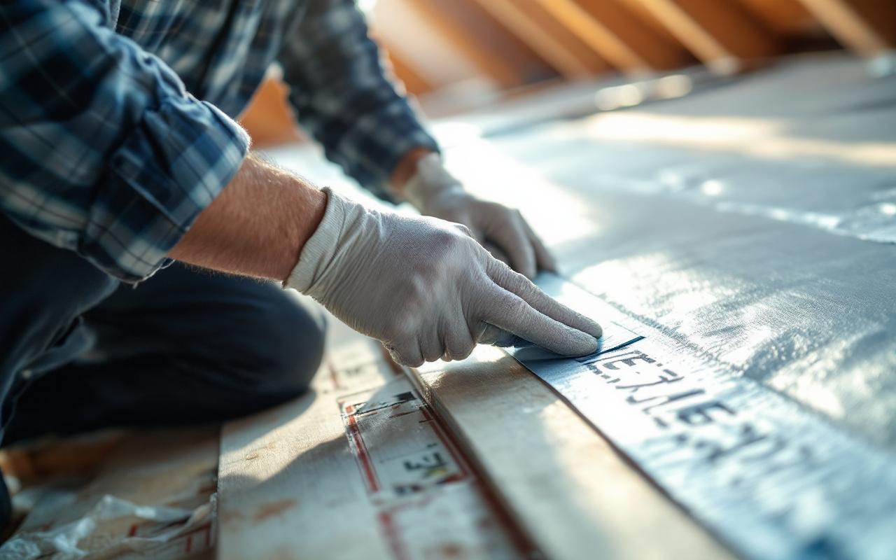 Technicien en tenue de chantier et gants appliquant du ruban sur une barrière pare-vapeur pour assurer l'étanchéité à l'air dans un comble résidentiel, gros plan sur les mains et la texture du ruban, lumière naturelle douce avec rayons volumétriques, tons neutres et bleus.