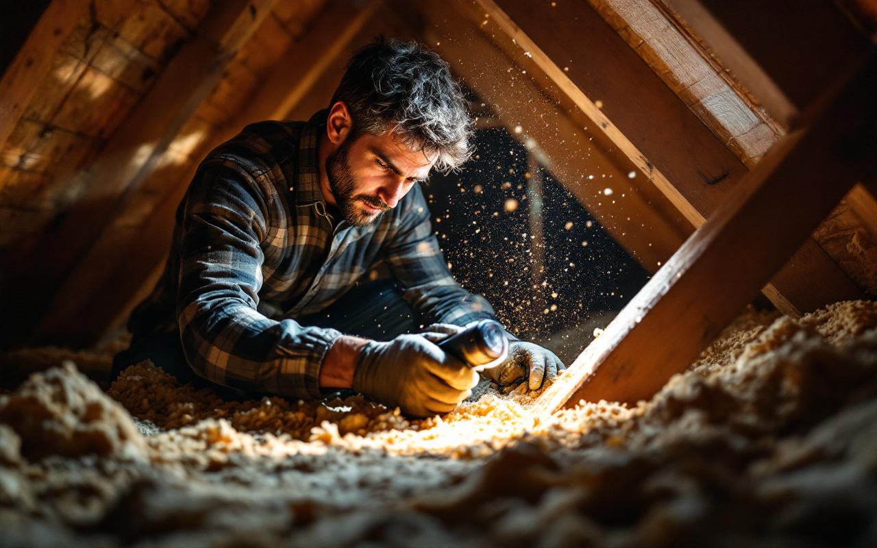 Propriétaire posant des pièges mécaniques pour rats dans un grenier en bois, ganté et tenant une lampe, faisceaux de lumière chaude traversant la poussière, ambiance réaliste et naturelle.