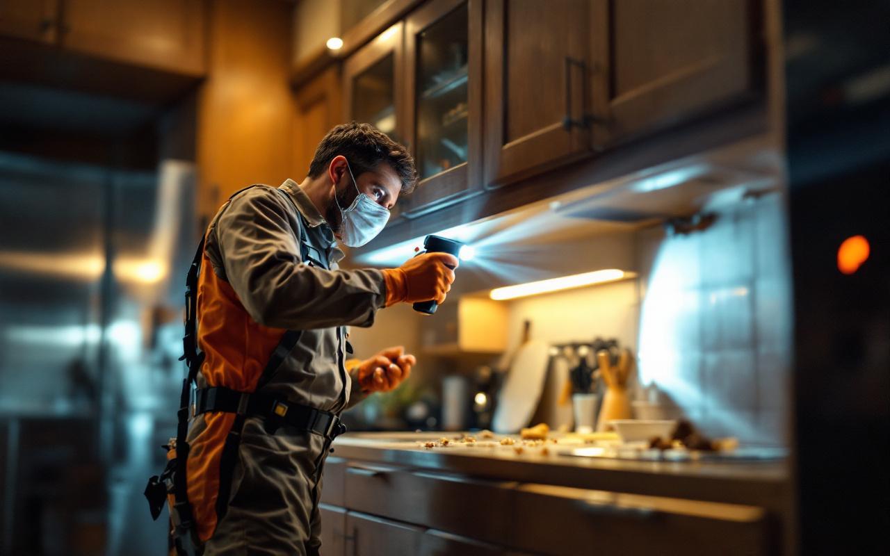 Un technicien de lutte antiparasitaire inspecte l'intérieur d'un placard de cuisine avec une lampe torche. Il porte un uniforme et des gants, le faisceau lumineux éclaire les étagères et crée des rayons volumétriques dans l'obscurité. Cuisine moderne en bois et acier inoxydable, traces subtiles de nuisibles, expression concentrée.