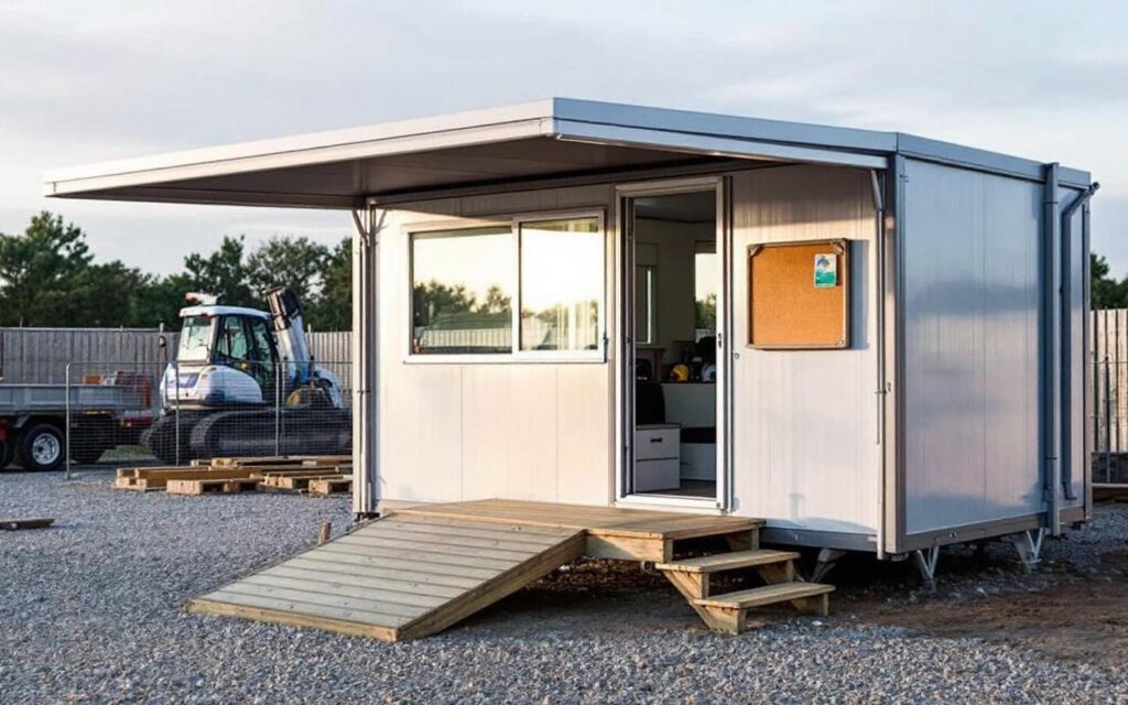bureau-modulaire-de-chantier-avec-un-auvent-ombrage-pose-sur-un-sol-de-gravier-entoure-de-clotures-temporaires-et-de-materiel-panneaux-metalliques-isoles-fenetres-translucides-rampe-en-bois-e