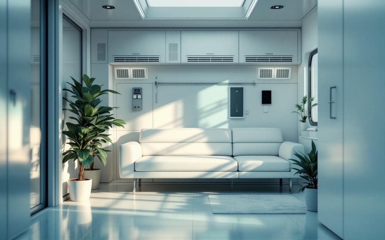 Intérieur d'une unité modulaire climatisée avec assises propres et minimalistes, rangements intégrés, grilles de ventilation visibles et quelques plantes, surfaces polies, éclairage naturel doux et ambiance calme, dominée par des tons bleus et verts.
