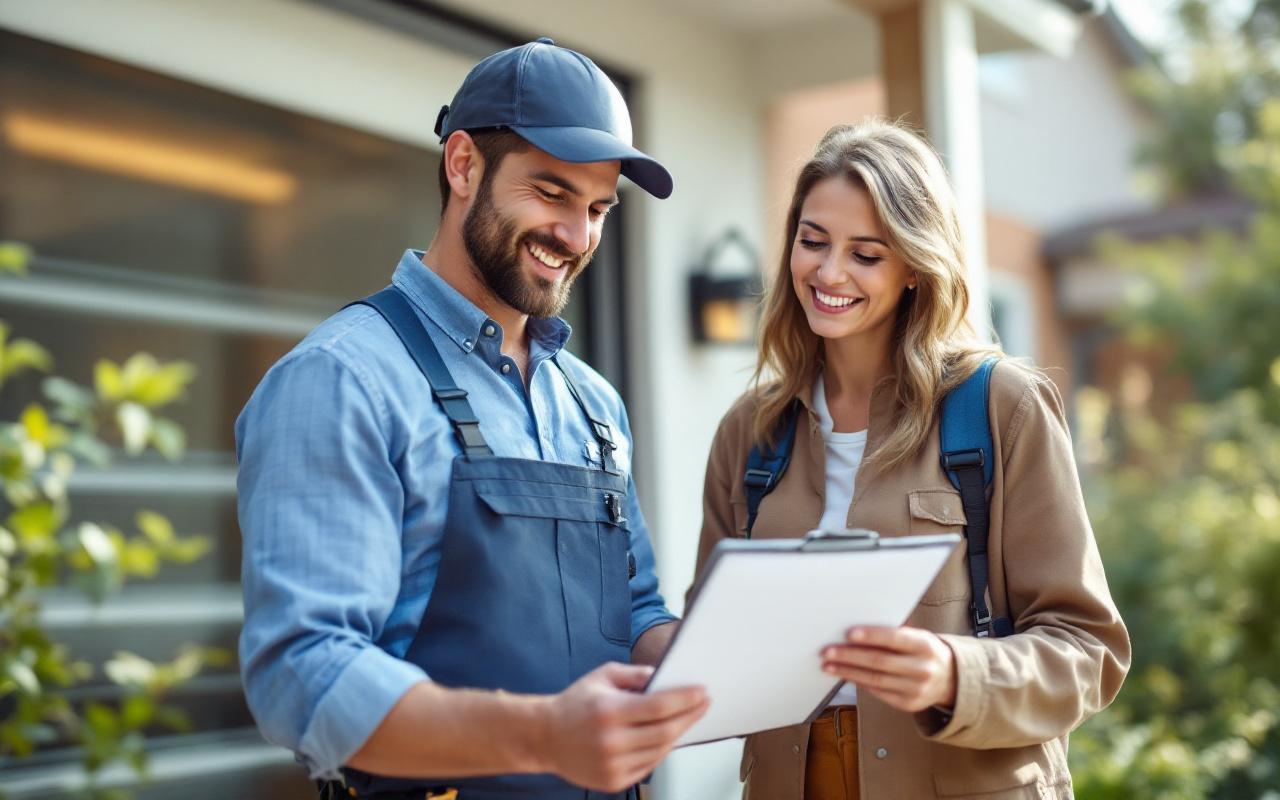 Un entrepreneur montre un devis pour un volet roulant à un propriétaire sur le porche d'une maison de banlieue, clipboard à la main, échange naturel et souriant, lumière matinale douce, tons gris et bleus.