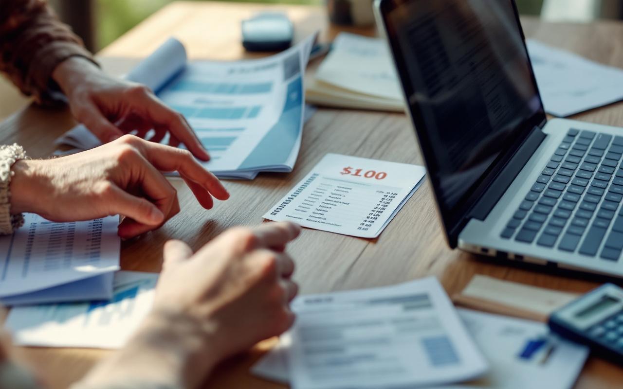 Photo réaliste d'une table en bois où plusieurs devis pour des volets roulants sont comparés, avec brochures et feuilles étalées, mains pointant des prix, une calculatrice et un ordinateur portable, lumière matinale douce et couleurs chaudes.