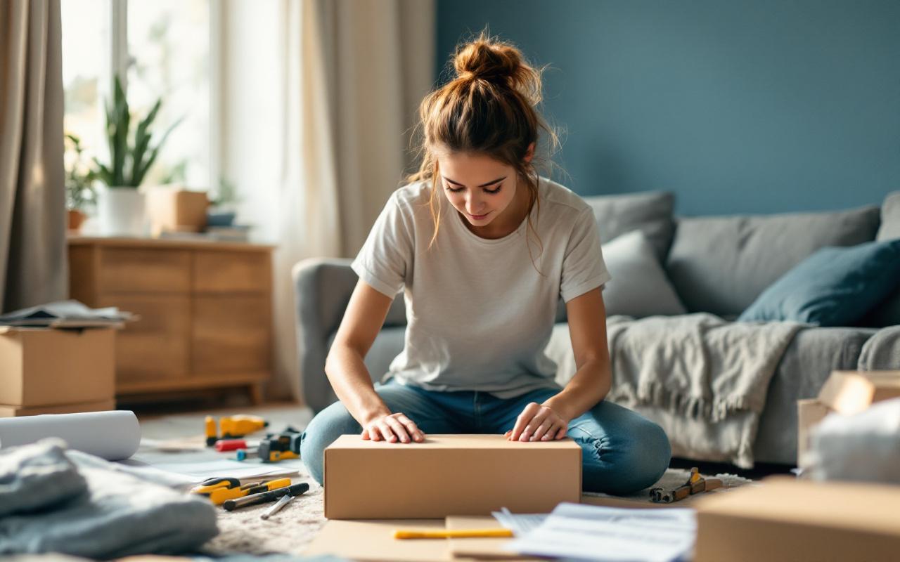 Femme assemble un meuble en kit dans un salon lumineux, tenue décontractée de bricolage (jeans et t-shirt), outils et notice visibles sur le sol, tons bois chauds et touches de bleu, lumière solaire volumétrique et ombres douces, expression concentrée et naturelle.