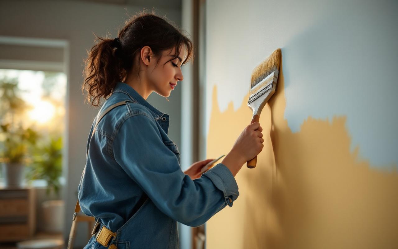 Jeune femme en jeans foncés et chemise de travail peint un mur dans un intérieur lumineux, ambiance réaliste, lumière douce de fin d'après-midi, outils et traces de peinture visibles