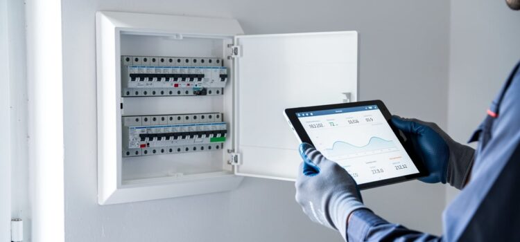 Tableau électrique moderne avec tablette numérique pour calculer la charge
