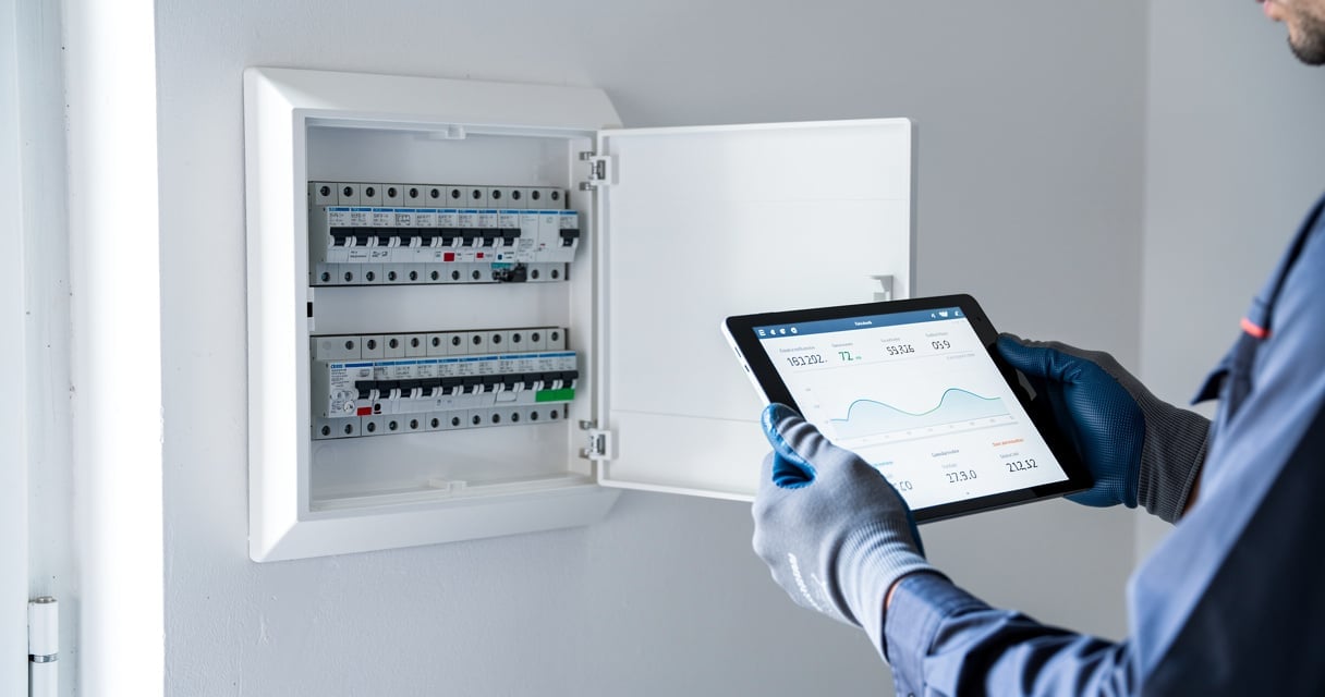 Tableau électrique moderne avec tablette numérique pour calculer la charge