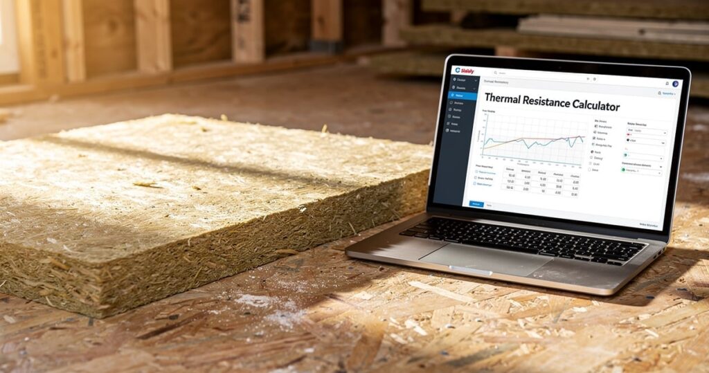 Panneau de fibre de bois Homatherm sur chantier avec outil de calcul de résistance thermique