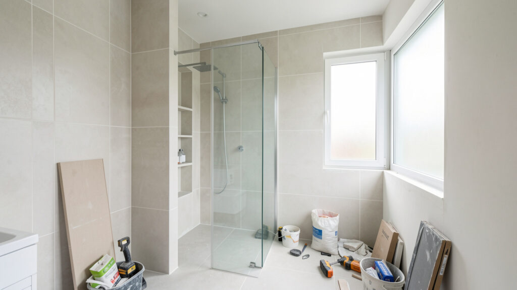 Salle de bains moderne en rénovation avec douche à l’italienne, rangements intégrés, carrelage clair et lumière naturelle.