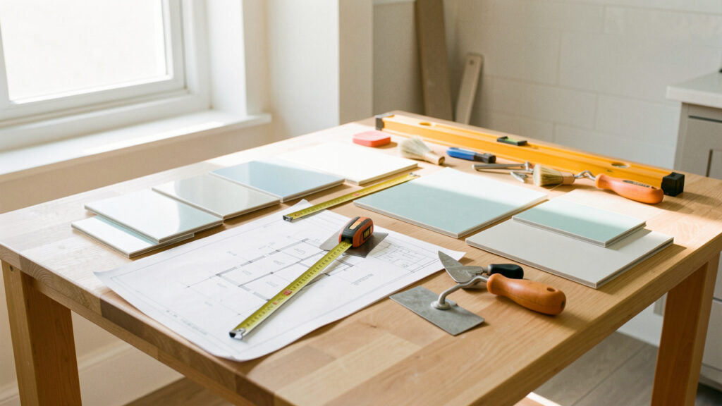 Établi lumineux avec des plans de rénovation, des échantillons de carrelage et plusieurs outils pour aménager une salle de bains.