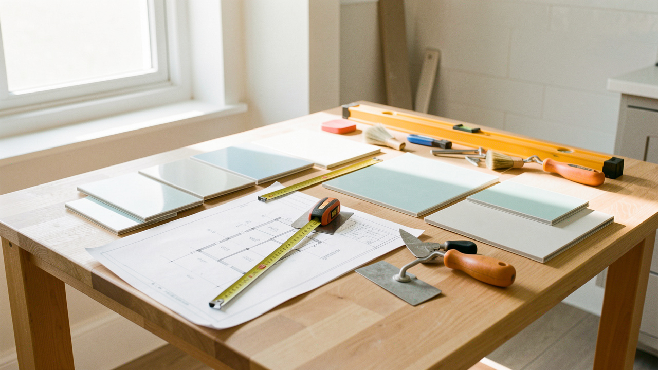 Établi lumineux avec des plans de rénovation, des échantillons de carrelage et plusieurs outils pour aménager une salle de bains.