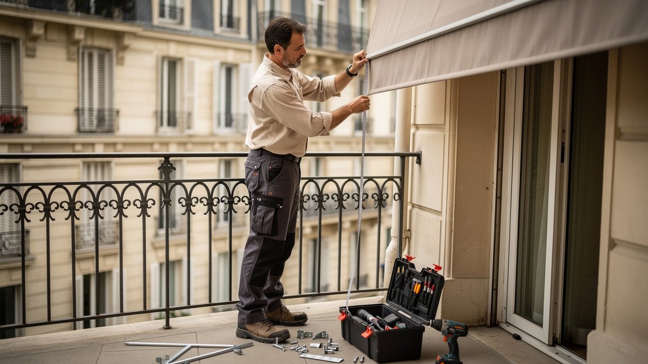 Un storiste ajuste un store sur le balcon d’un immeuble résidentiel parisien dans une scène professionnelle réaliste.