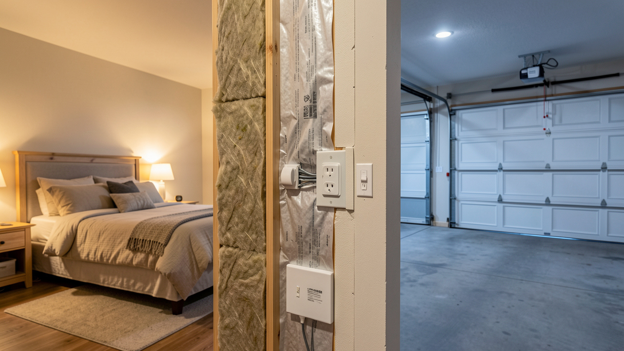 Vue en coupe d’un mur séparant une chambre et un garage, avec isolation, pare-vapeur et prises électriques intégrées.