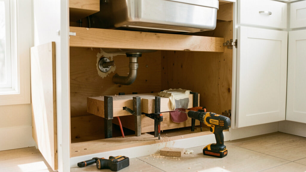 Meuble en bois gonflé sous un évier en cours de réparation avec des outils de bricolage.