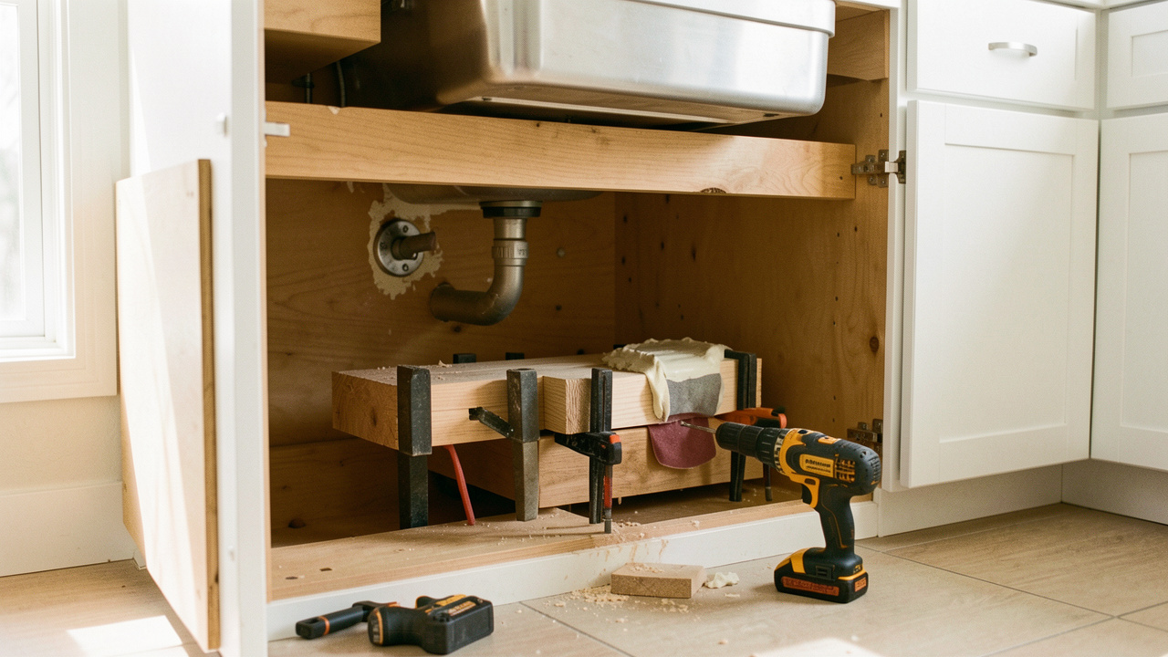 Meuble en bois gonflé sous un évier en cours de réparation avec des outils de bricolage.