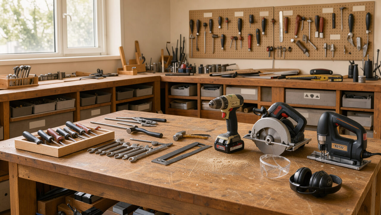 Atelier de bricolage domestique propre et lumineux avec établi rangé, lunettes de protection, casque antibruit et outils électroportatifs débranchés.