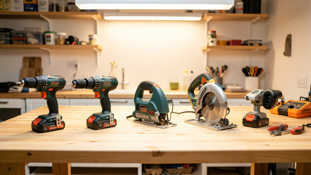 Établi de bricolage lumineux présentant cinq outils électroportatifs rangés proprement : une perceuse-visseuse, une visseuse à chocs, une scie sauteuse, une scie circulaire et une meuleuse.