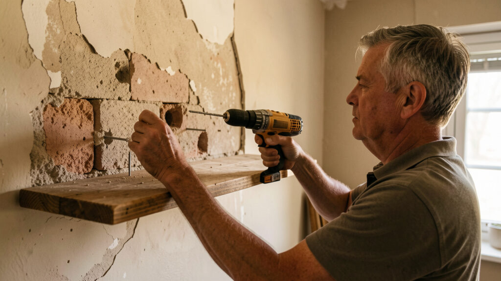Un homme fixe soigneusement une étagère très chargée dans un ancien mur en plâtre.